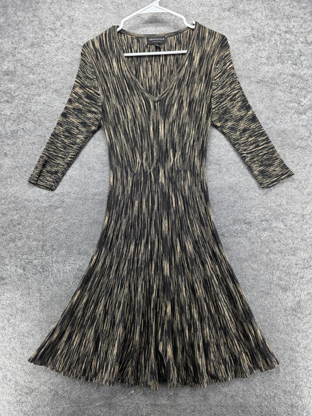 Connected Apparel Dress Womens M Black Striped Fit & Flare Long V-Neck